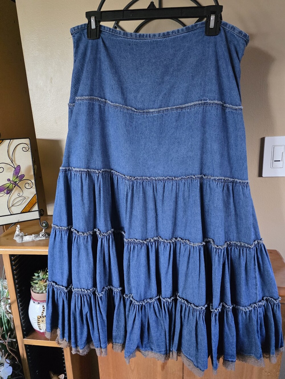 Vtg Y2K Tiered Lace Trim Denim Midi Skirt - Blue